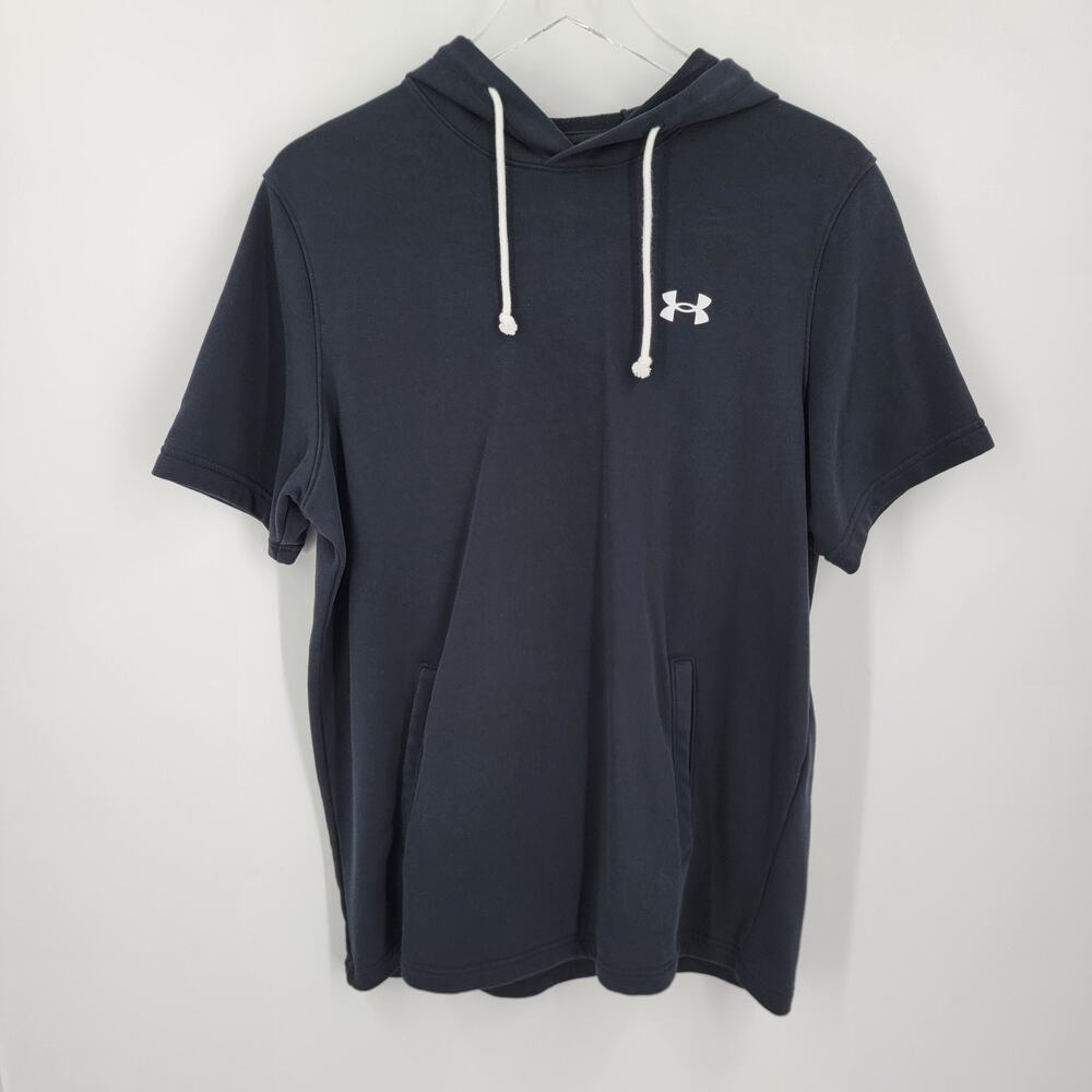 Under Armour Hoodie Mens Medium Black Rival Terry Drawstring Short Sleeve Pocket
